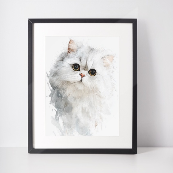 Watercolor White Persian Cat Portrait Wall Art Print Poster, Unframed - Picture 3 of 6